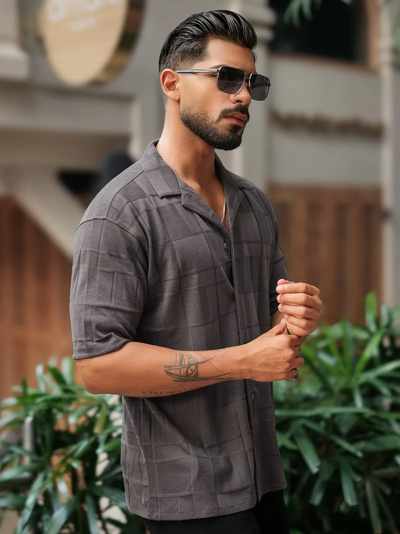 Maniac  Maniac Mens Solid Cubic Textured Knit Collared Neck Dark Grey Shirt for Men | Best Price UAE